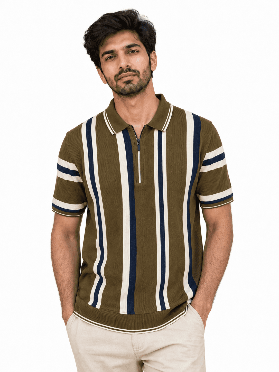 Vertical Stripe Zip-Knit Polo